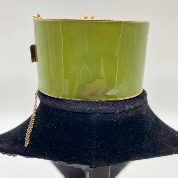 Vtg J. Crew Wide Bracelet Starburst Atomic Rhinestone Green Enamel Hinged Bangle - Picture 4 of 11